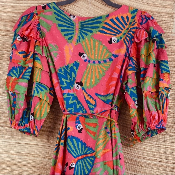 Farm Rio Macaw Ruffled Wrap Dress  100% Cotton In Coral Size XXS - Picture 9 of 16